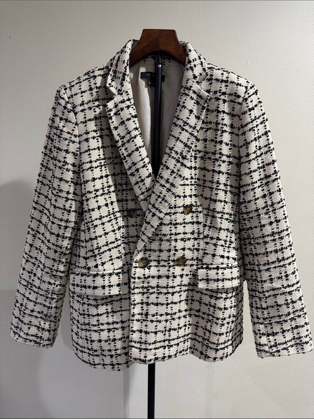Ann Taylor Black & White Tweed Double Breasted Blazer (Size 12)